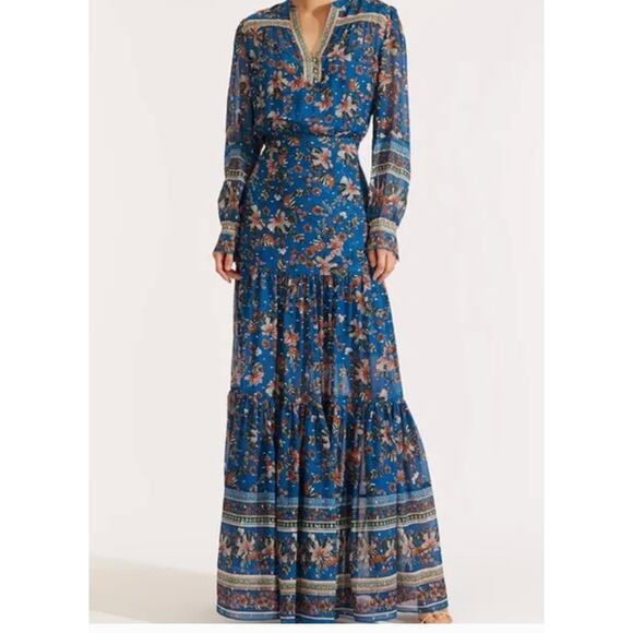Veronica Beard Sama Silk Maxi Dress 4 Paisley Floral Blue Boho Romantic Western - Picture 9 of 11
